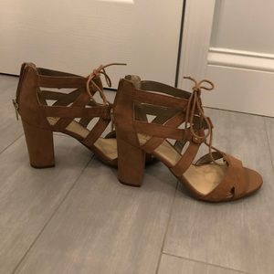 Tan block heels with ties in the front